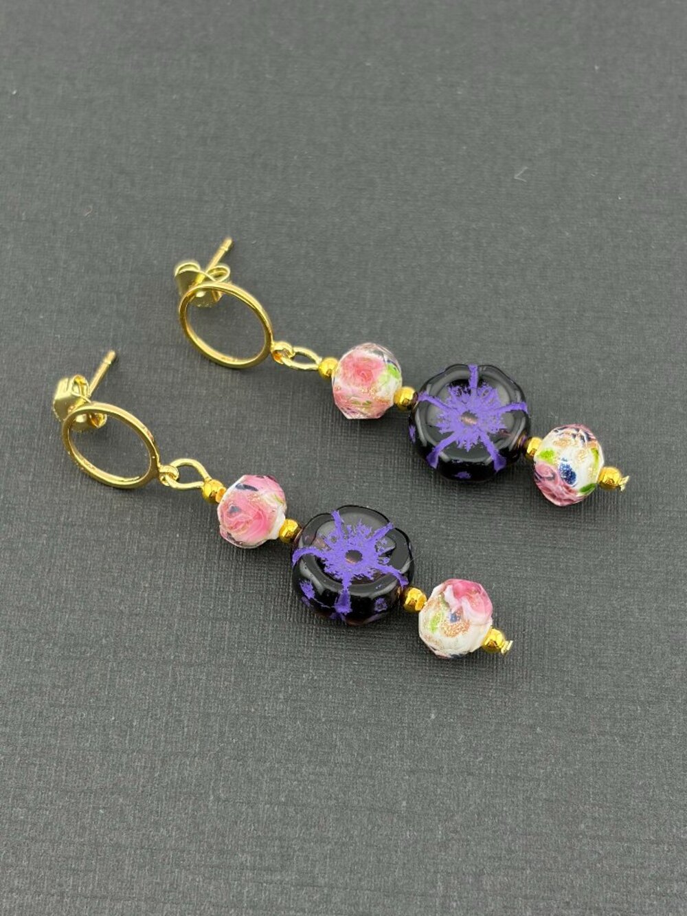 Purple Czech Glass Flower Pink Roses Gold Handmade Handcrafted Earrings LR247